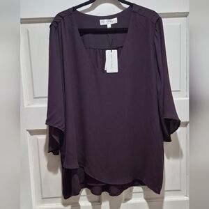 Chelsea & Theodore Aubergine Blouse 3X Flowing Bell Sleeve Top NWT